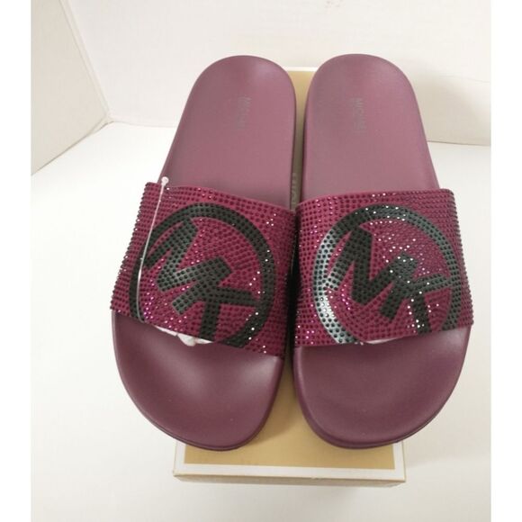 New! MICHAEL KORS Studded MK Logo Gilmore Slide Sandals Shoes Dark Berry - Picture 5 of 9